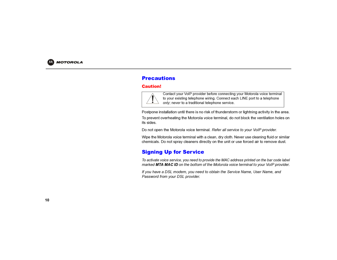 Motorola MOT-VT1005 warranty Precautions, Signing Up for Service 