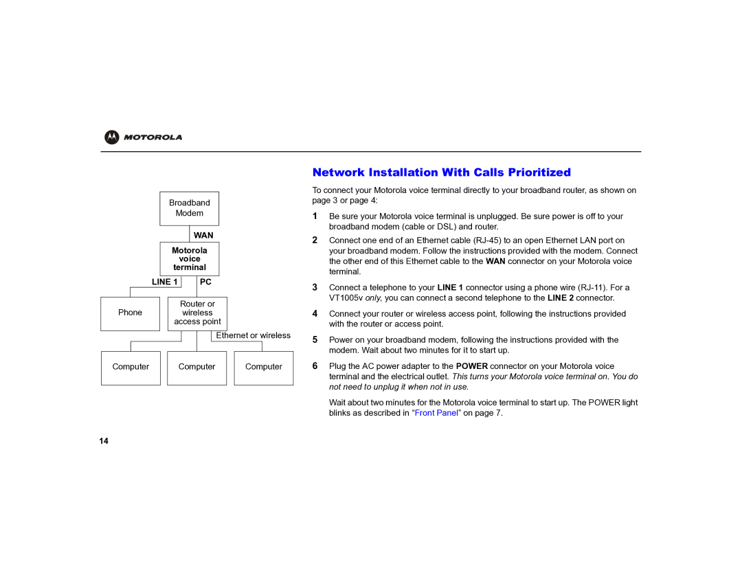 Motorola MOT-VT1005 warranty Network Installation With Calls Prioritized, Terminal 