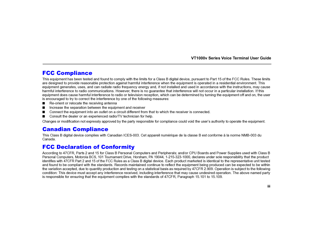 Motorola MOT-VT1005 warranty FCC Compliance, VT1000v Series Voice Terminal User Guide 