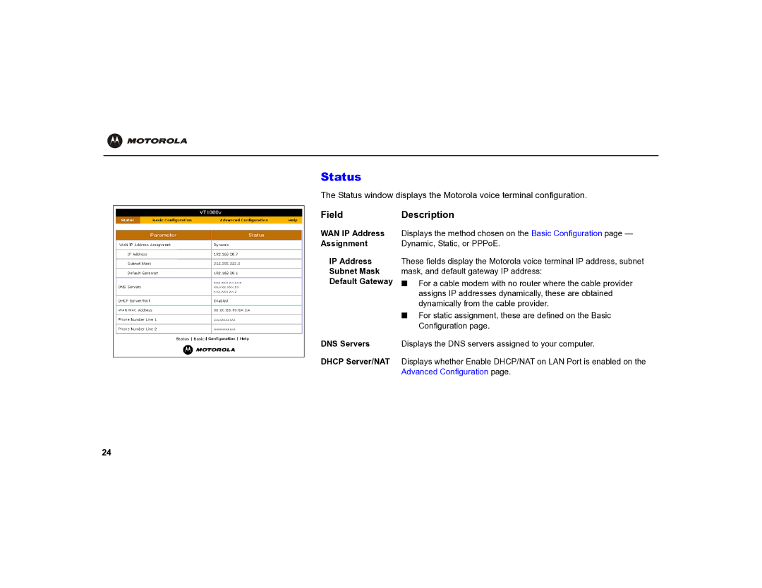 Motorola MOT-VT1005 warranty Status, Field Description, WAN IP Address, Assignment 