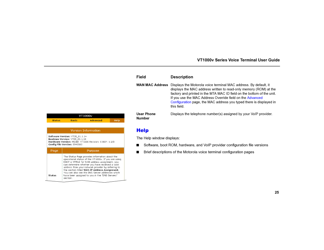 Motorola MOT-VT1005 warranty Help, VT1000v Series Voice Terminal User Guide FieldDescription 