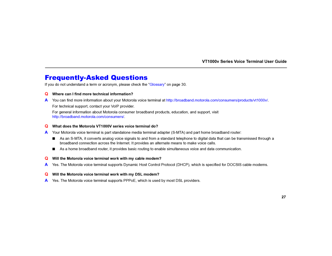 Motorola MOT-VT1005 warranty Frequently-Asked Questions, Will the Motorola voice terminal work with my cable modem? 