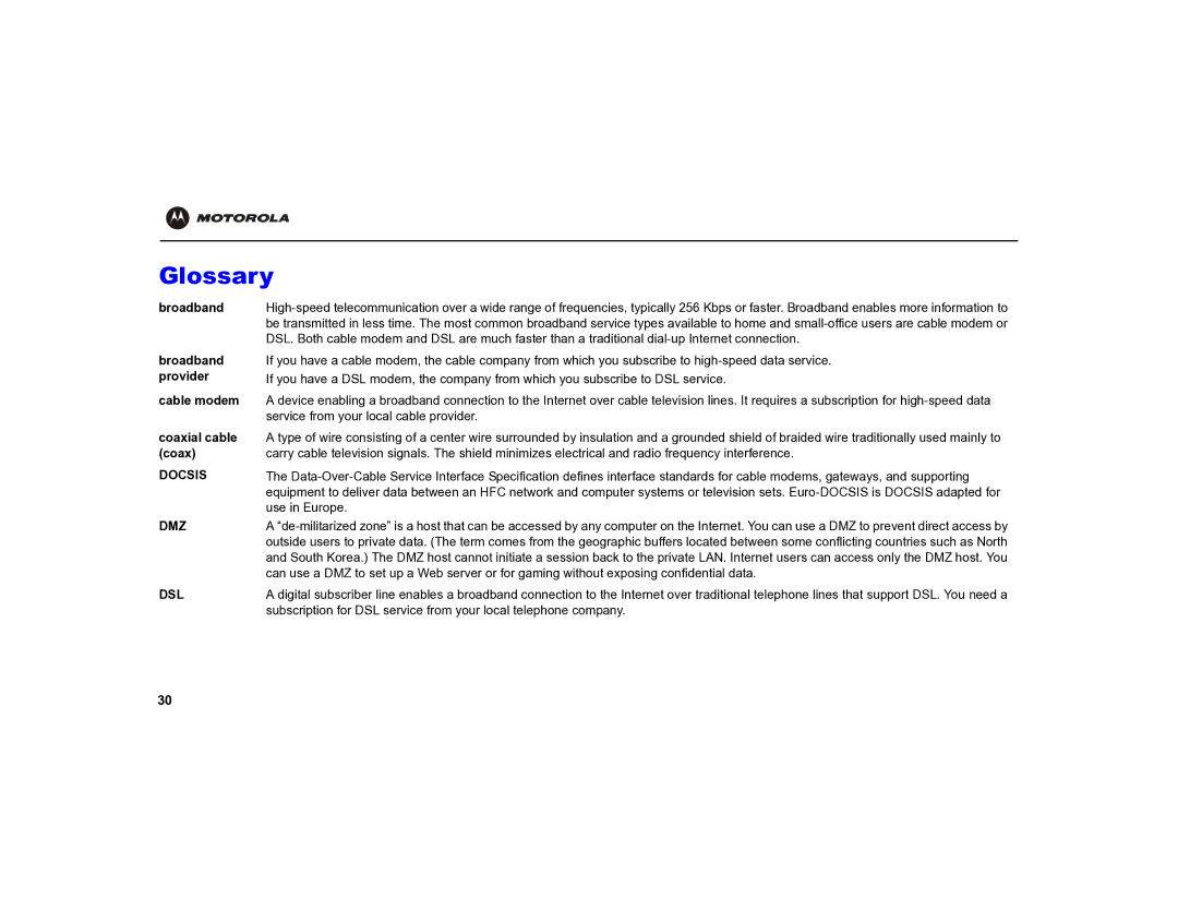 Motorola MOT-VT1005 warranty Glossary, Broadband provider Cable modem, Coaxial cable 