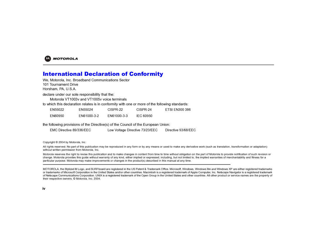 Motorola MOT-VT1005 warranty International Declaration of Conformity 