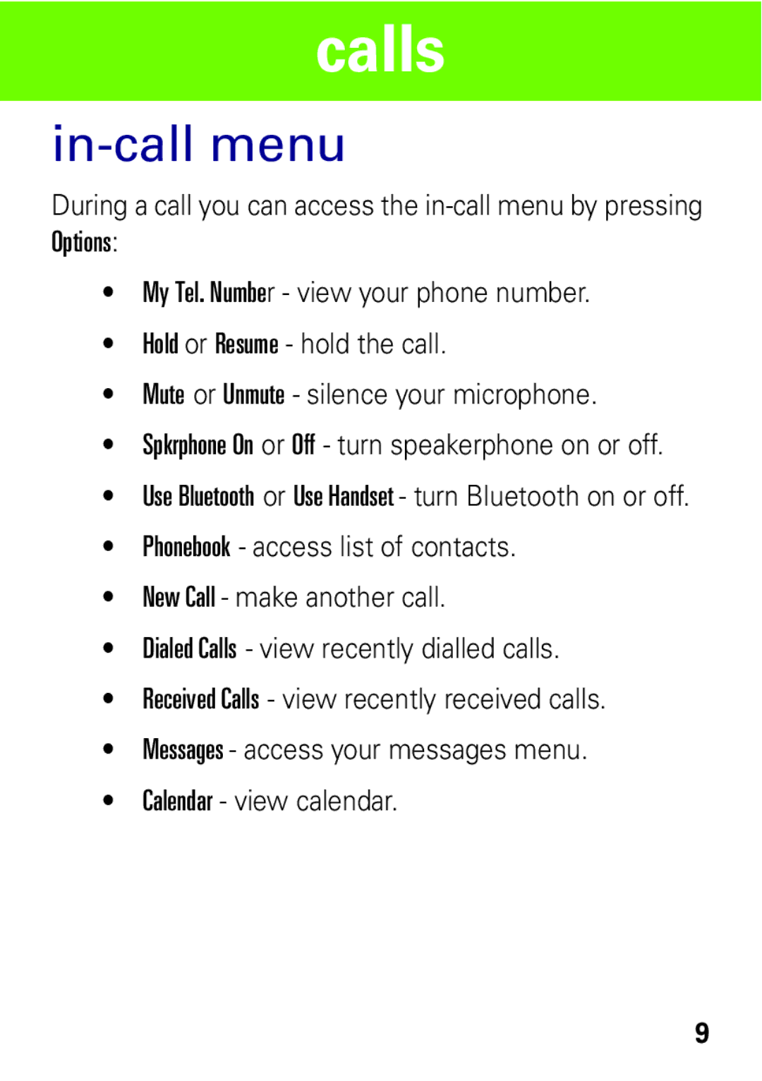 Motorola MOTO EM325 manual In-call menu 