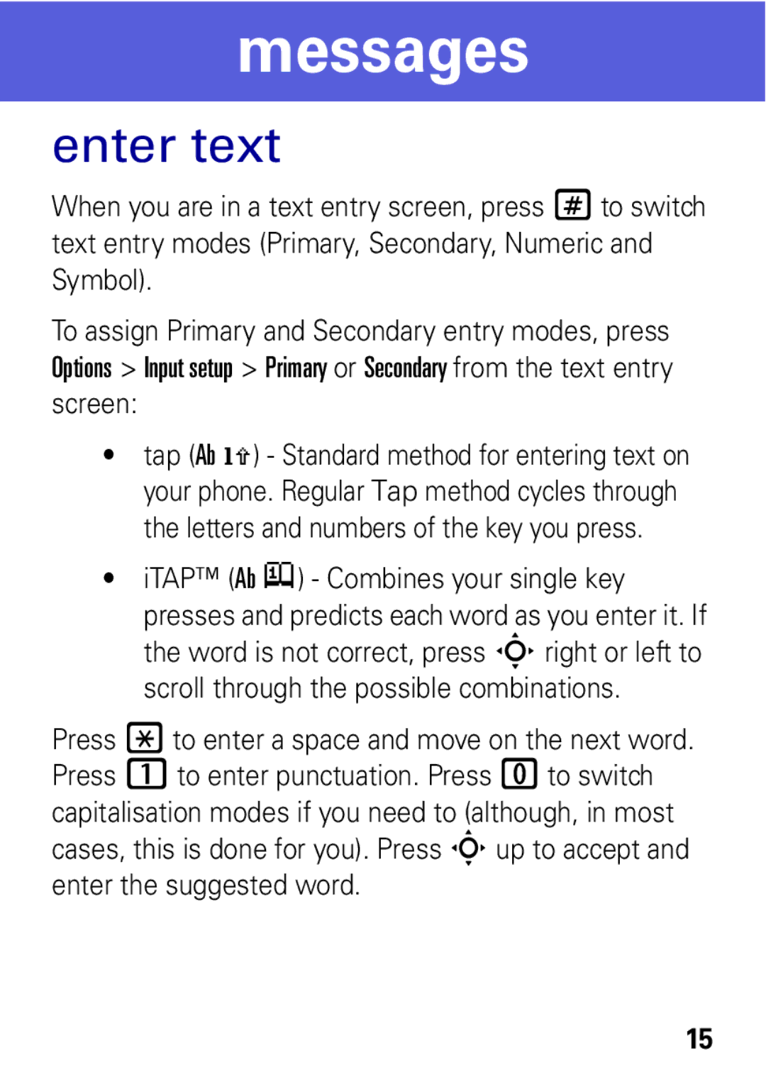 Motorola MOTO EM325 manual Enter text, ITAP Ab j Combines your single key 