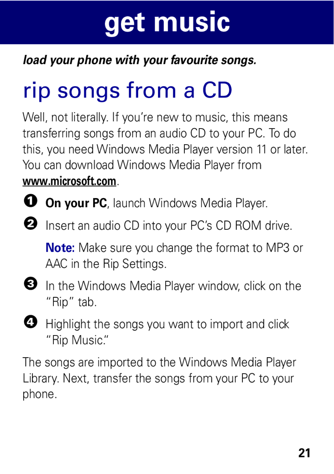 Motorola MOTO EM325 manual Get music, Rip songs from a CD 