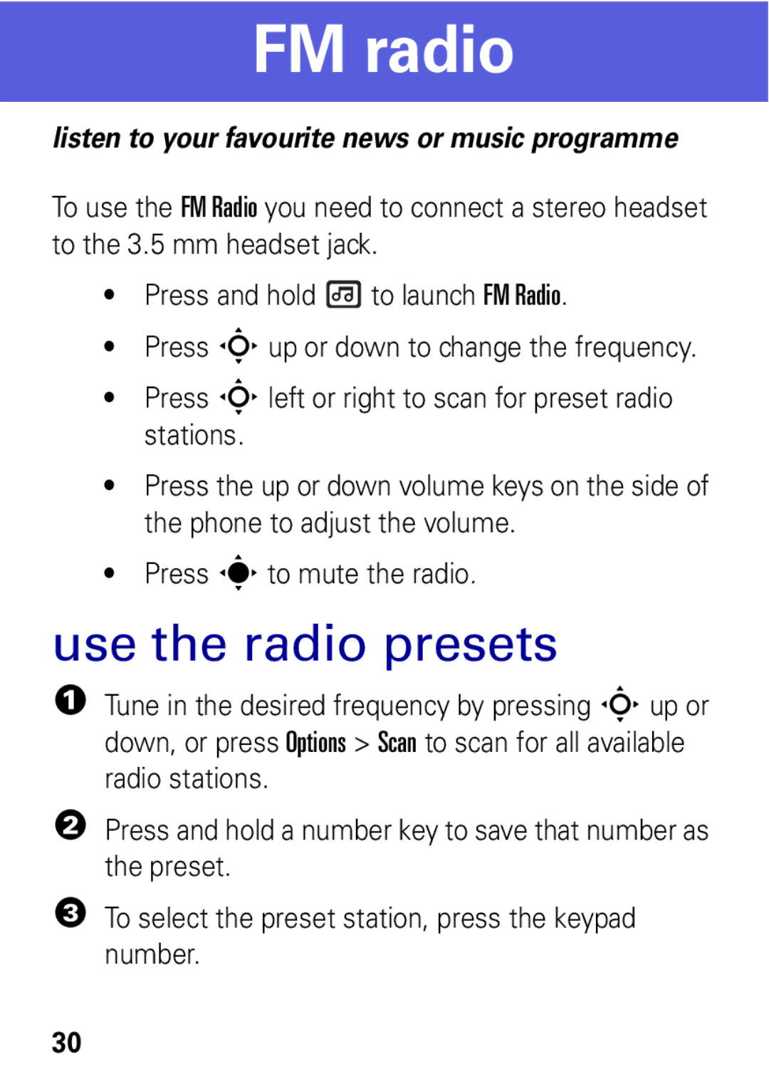 Motorola MOTO EM325 manual FM radio, Use the radio presets 