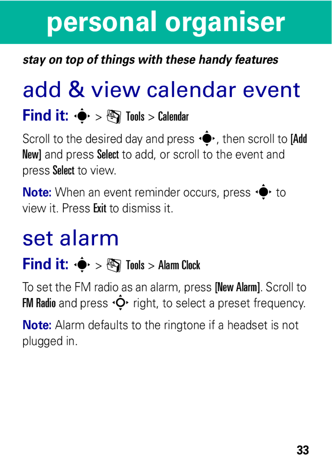 Motorola MOTO EM325 manual Personal organiser, Add & view calendar event, Set alarm 