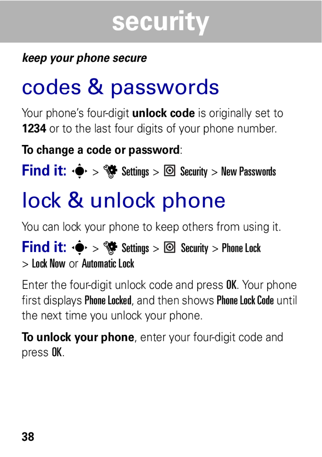 Motorola MOTO EM325 manual Security, Codes & passwords, Lock & unlock phone 