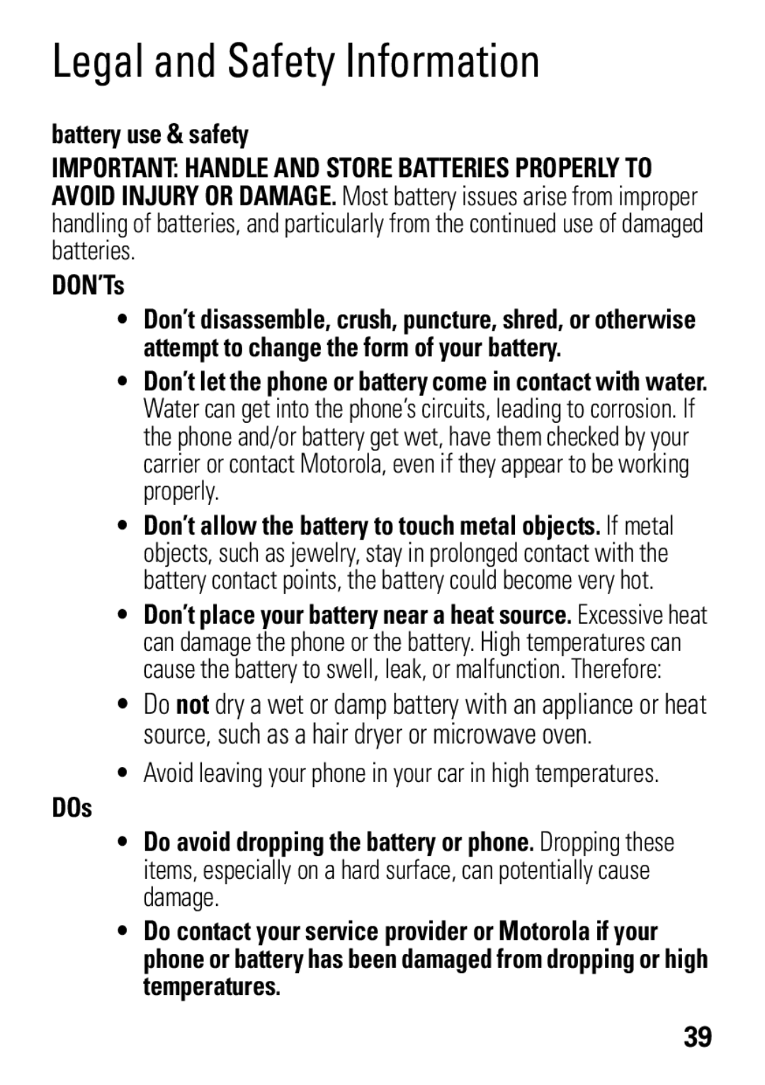 Motorola MOTO EM325 manual Battery use & safety, DON’Ts, DOs 