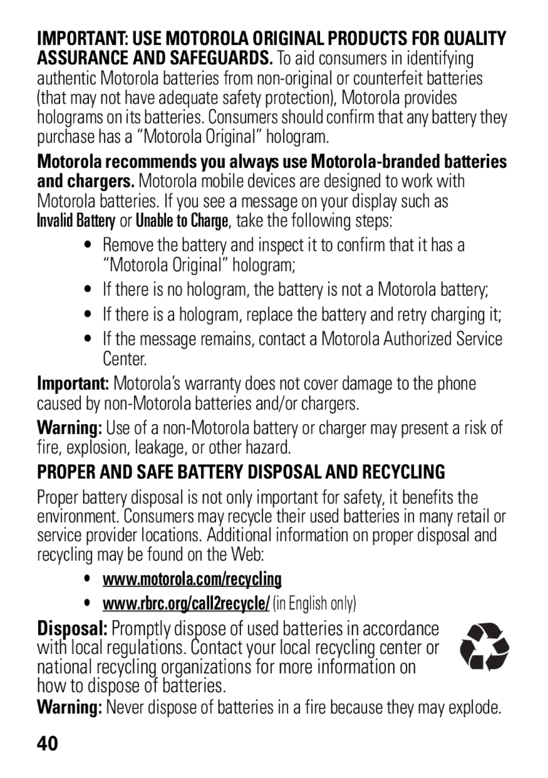 Motorola MOTO EM325 manual Proper and Safe Battery Disposal and Recycling 