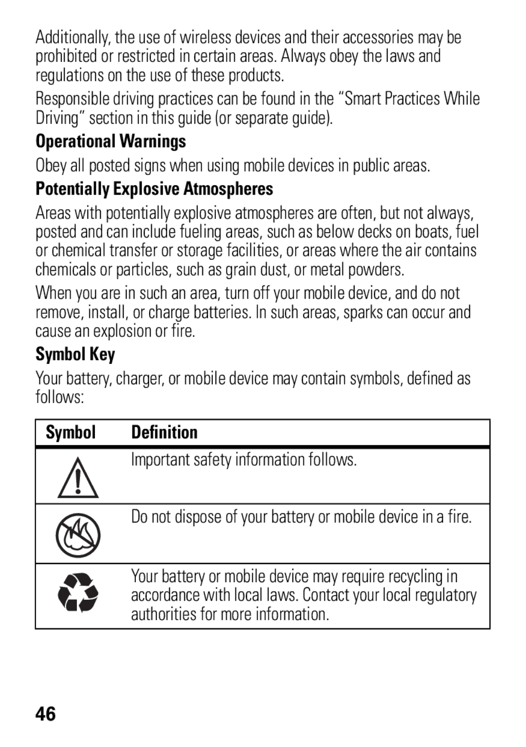 Motorola MOTO EM325 manual Operational Warnings, Potentially Explosive Atmospheres, Symbol Key, Symbol Definition 