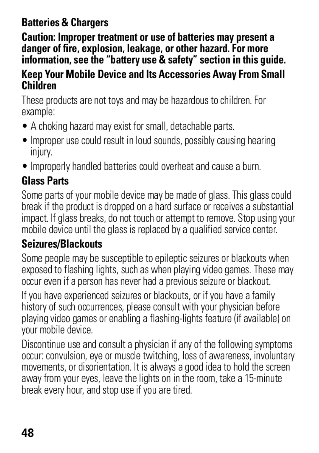 Motorola MOTO EM325 manual Glass Parts, Seizures/Blackouts 