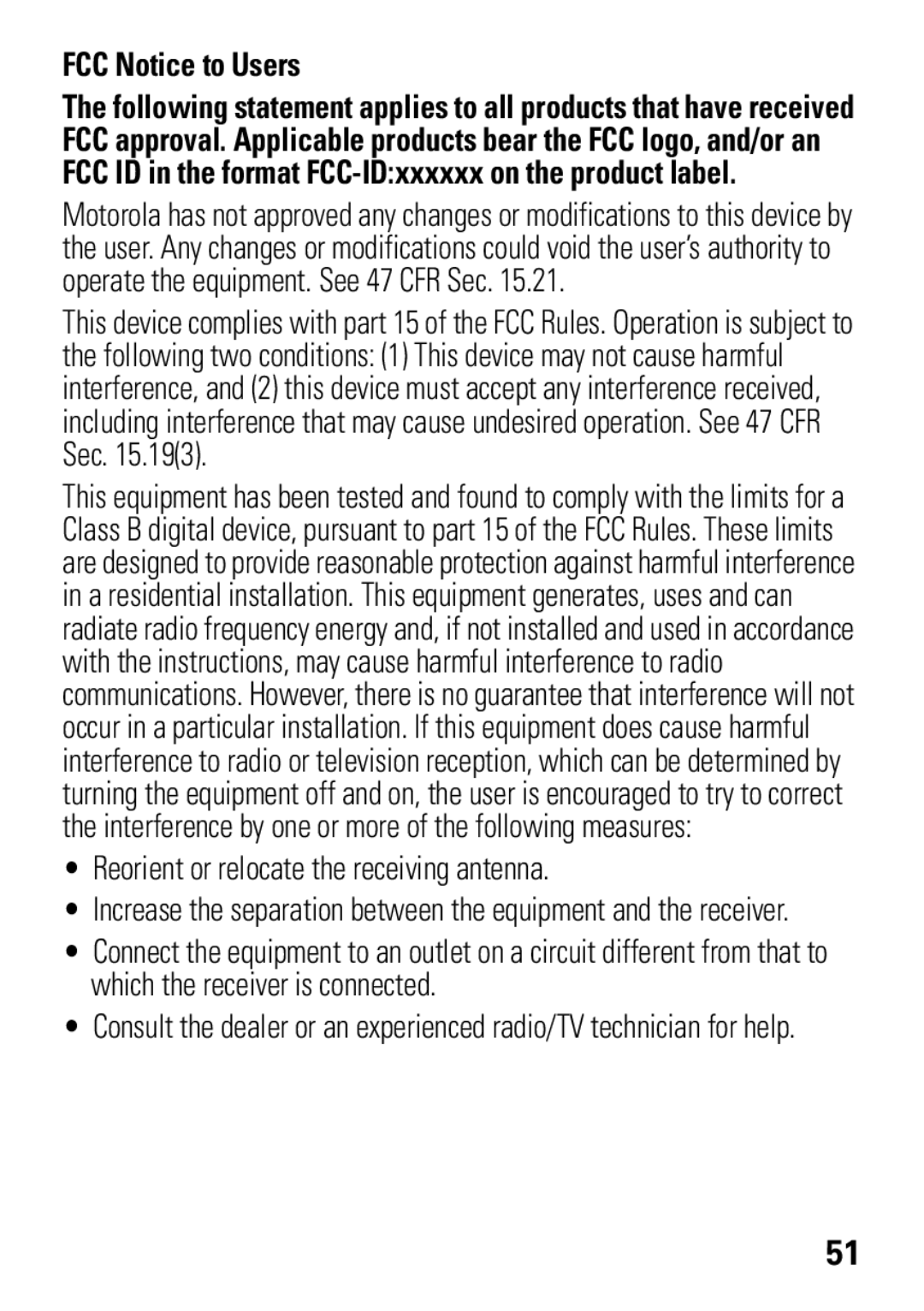 Motorola MOTO EM325 manual FCC Notice to Users, Reorient or relocate the receiving antenna 