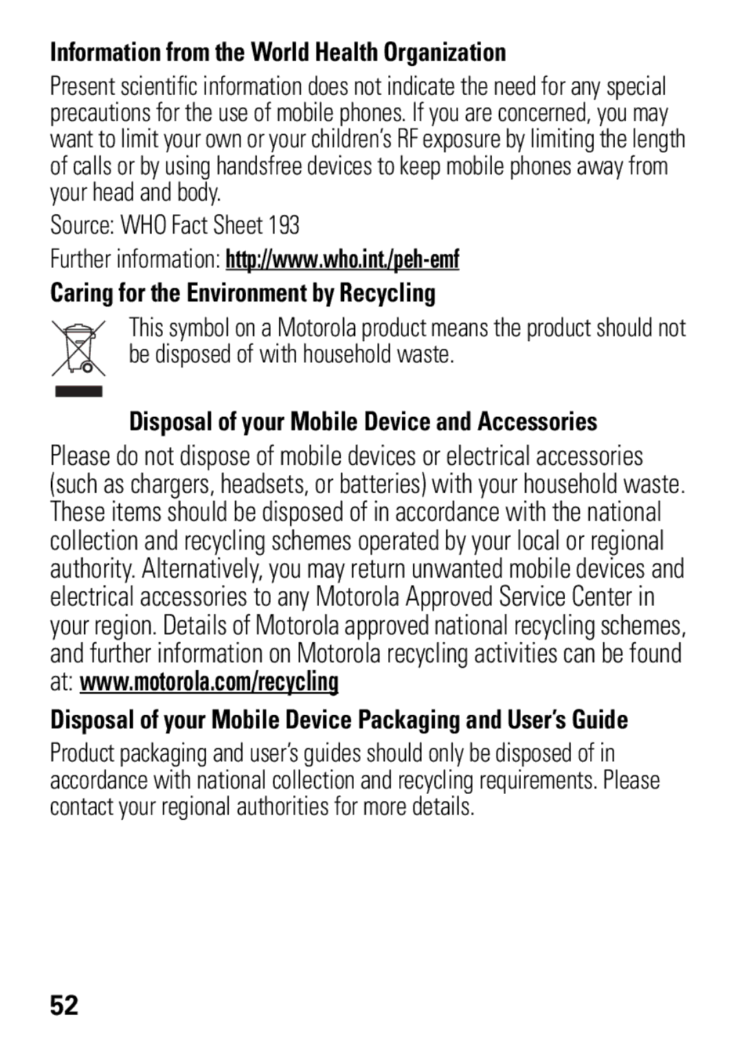 Motorola MOTO EM325 manual Information from the World Health Organization, Caring for the Environment by Recycling 