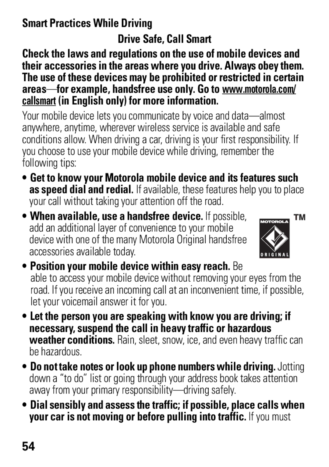 Motorola MOTO EM325 manual Smart Practices While Driving Drive Safe, Call Smart 