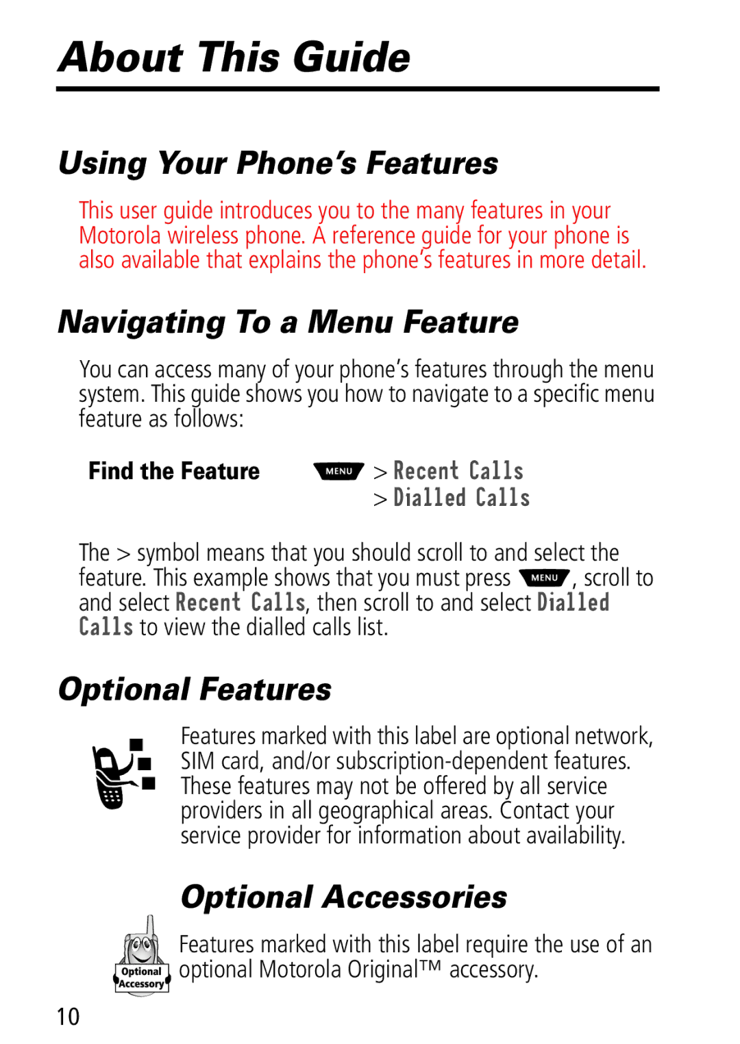 Motorola Moto Q manual About This Guide, Using Your Phone’s Features, Navigating To a Menu Feature, Optional Features 