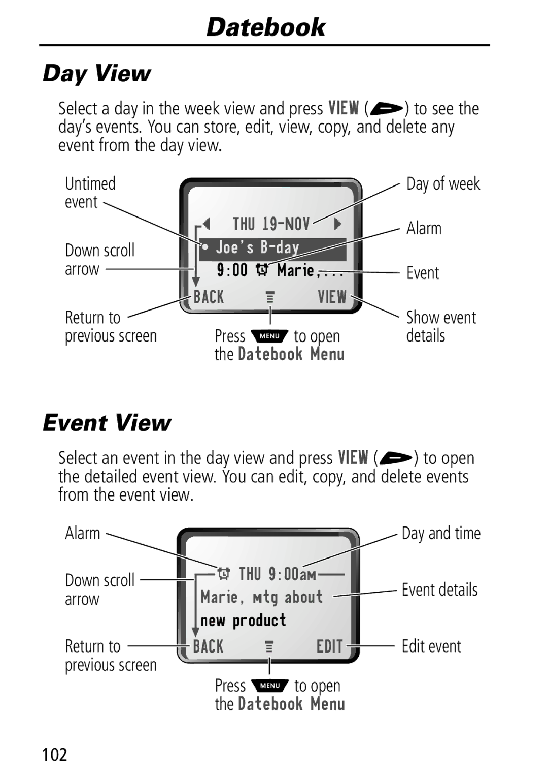 Motorola Moto Q manual Datebook, Day View, Event View 