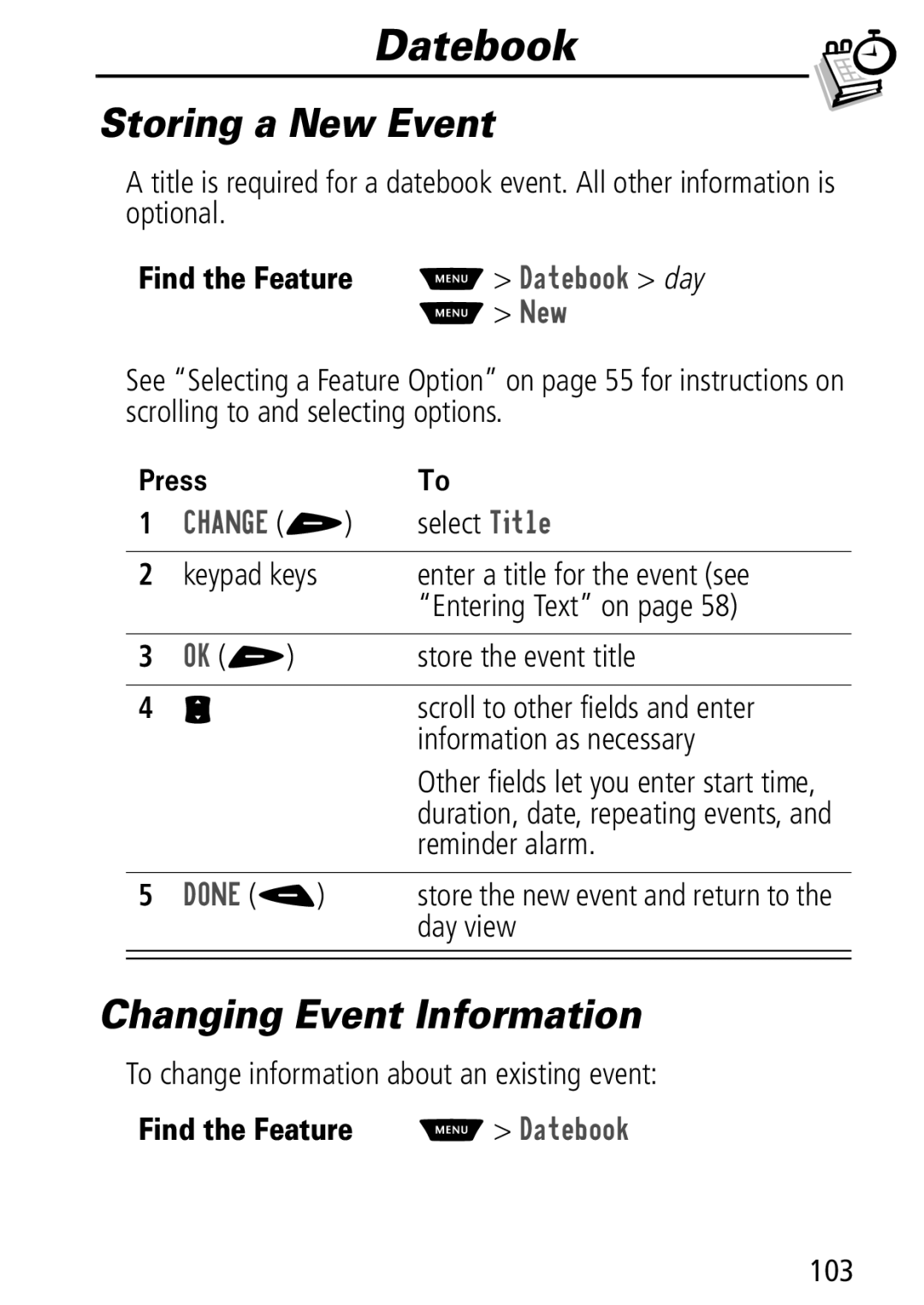 Motorola Moto Q manual Storing a New Event, Changing Event Information, Find the Feature M Dwherrn day 