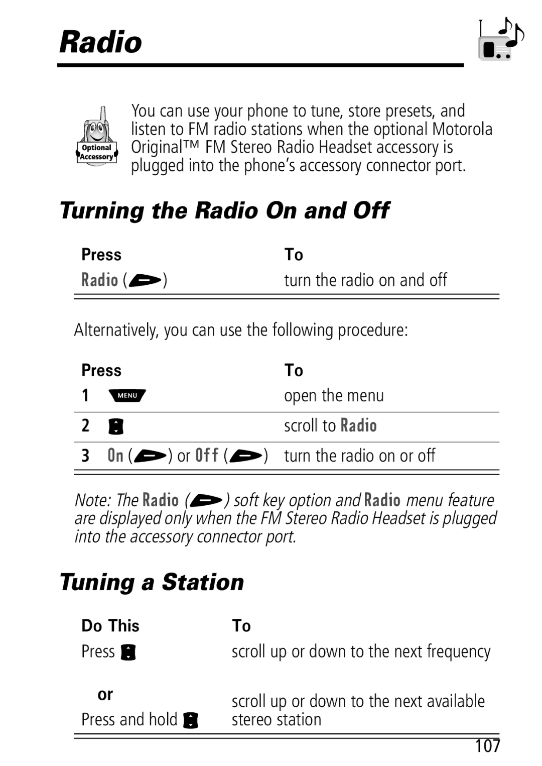 Motorola Moto Q manual Turning the Radio On and Off, Tuning a Station, 5DGLR + 