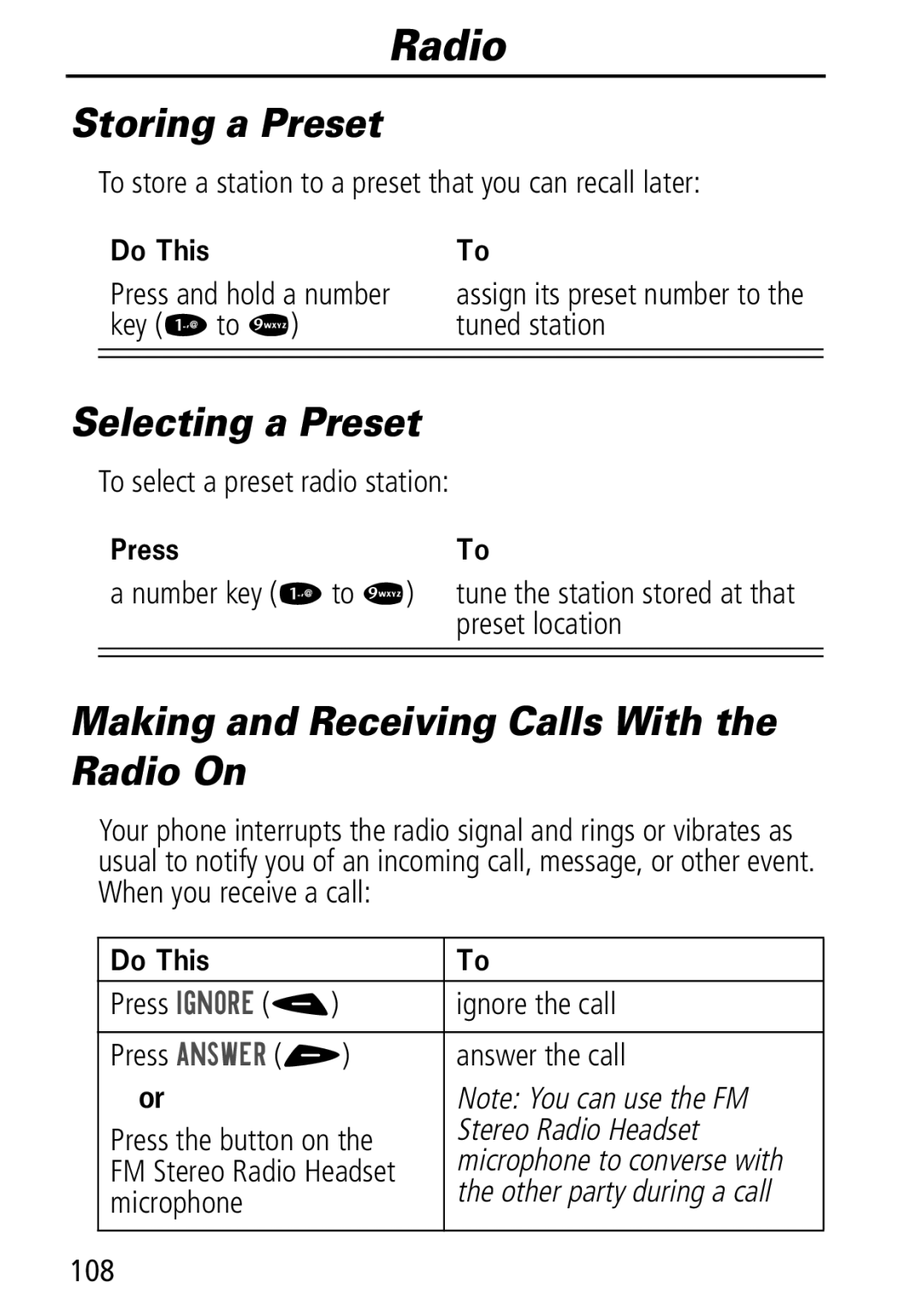 Motorola Moto Q manual Storing a Preset, Selecting a Preset, Making and Receiving Calls With the Radio On 