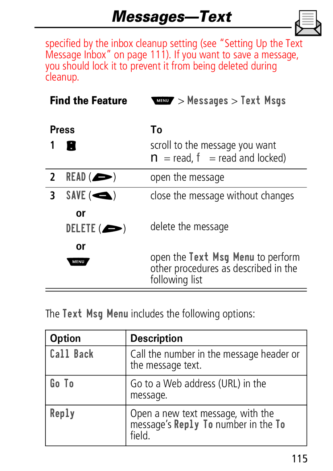 Motorola Moto Q manual Find the Feature M 0HVVDJHV 7HW0VJV, Doo%Dfn, R7R, 5HSO 