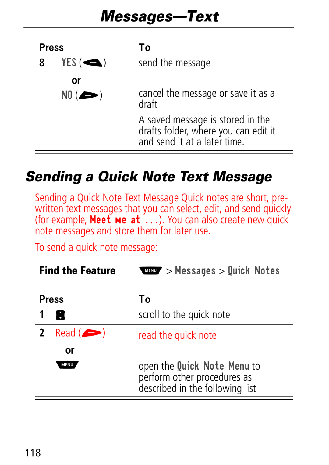 Motorola Moto Q manual Sending a Quick Note Text Message, Find the Feature M 0HVVDJHV 4XLFN1RWHV, Scroll to the quick note 