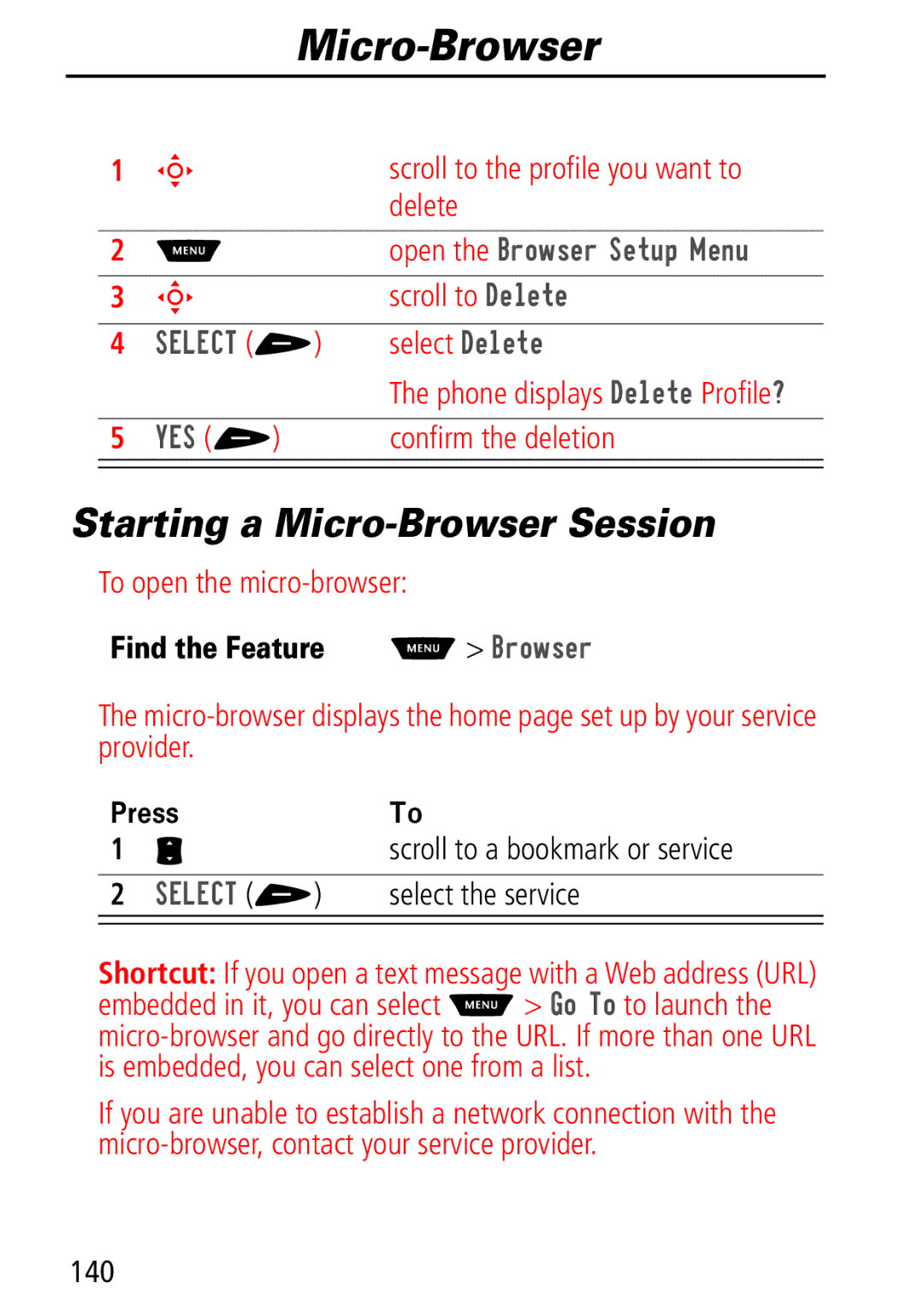 Motorola Moto Q manual Starting a Micro-Browser Session, Find the Feature M %URZVHU, Scroll to a bookmark or service, 140 