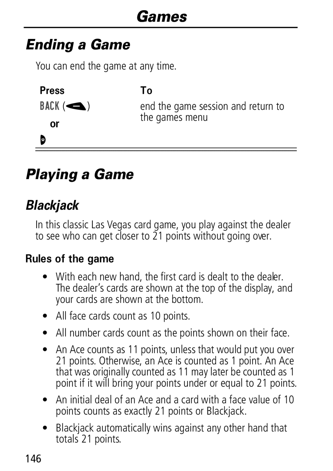 Motorola Moto Q manual Games, Ending a Game, Playing a Game, Blackjack 