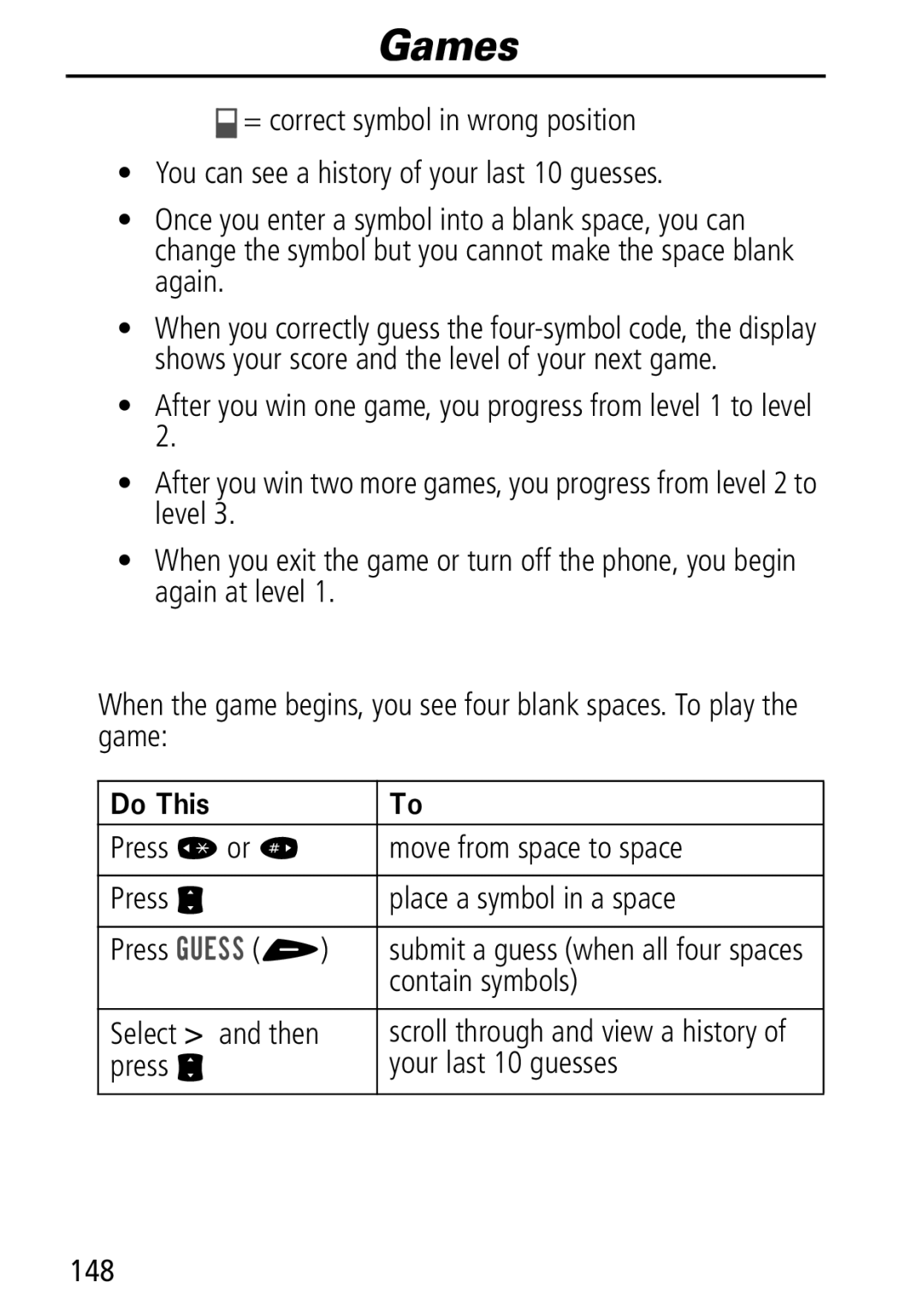 Motorola Moto Q manual Contain symbols, Select and then, Press S Your last 10 guesses 148 