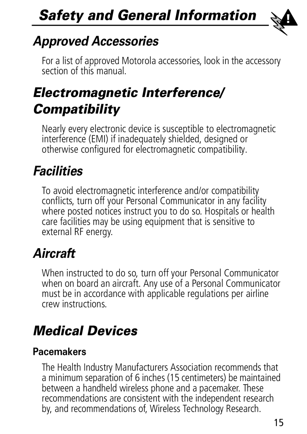 Motorola Moto Q Approved Accessories, Electromagnetic Interference/ Compatibility, Facilities, Aircraft, Medical Devices 