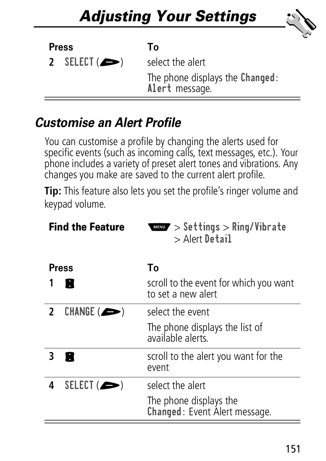 Motorola Moto Q manual Adjusting Your Settings, Customise an Alert Profile 