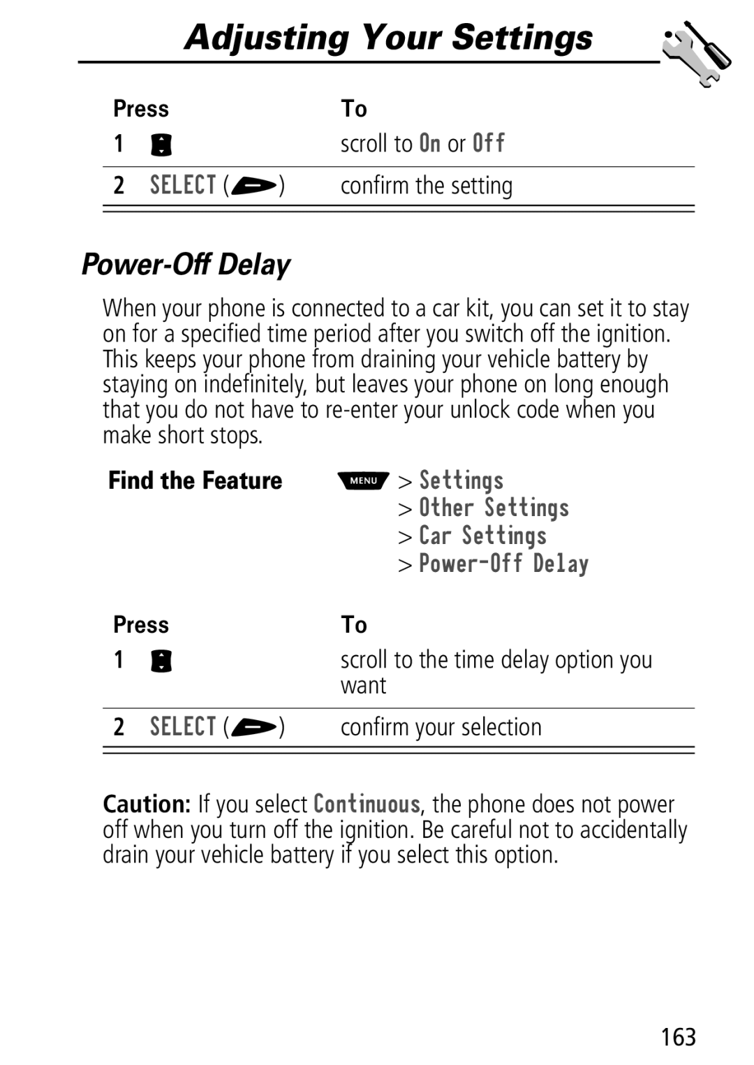 Motorola Moto Q manual Power-Off Delay, DU6HWWLQJV, 3RZHU2IIHOD, Confirm your selection, 163 