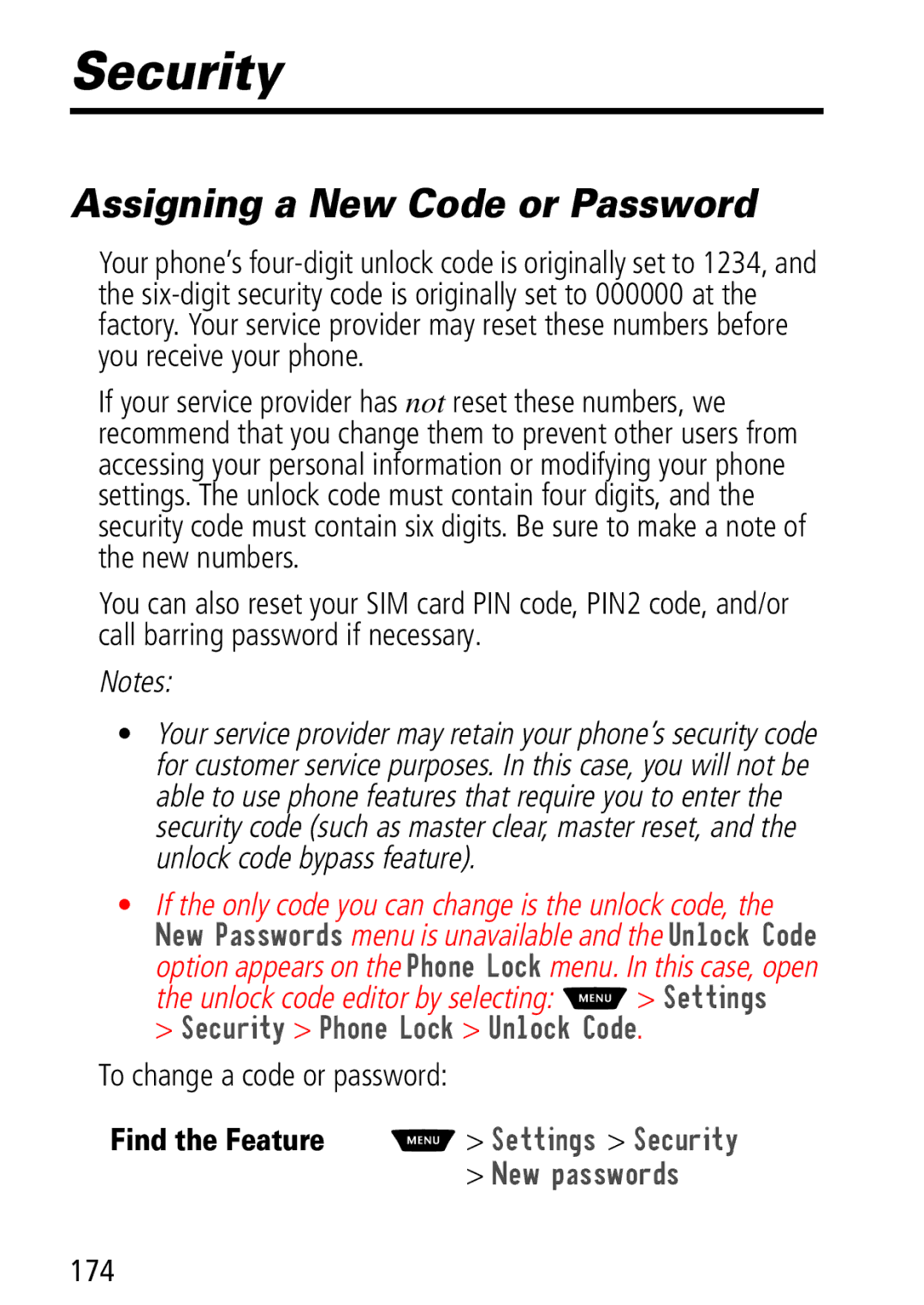 Motorola Moto Q Security, Assigning a New Code or Password, 6HFXULW\ 3KRQH /RFN 8QORFN &RGH, To change a code or password 