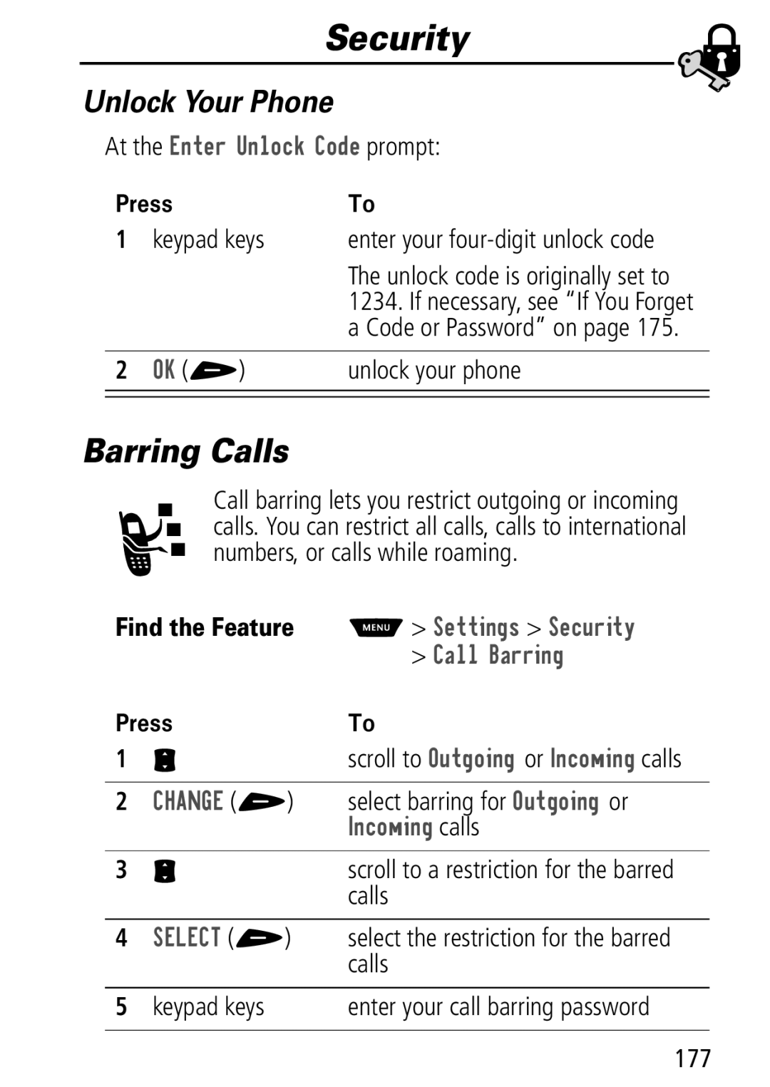 Motorola Moto Q manual Barring Calls, Unlock Your Phone, 6HWWLQJV 6HFXULW, Doo%Duulqj 