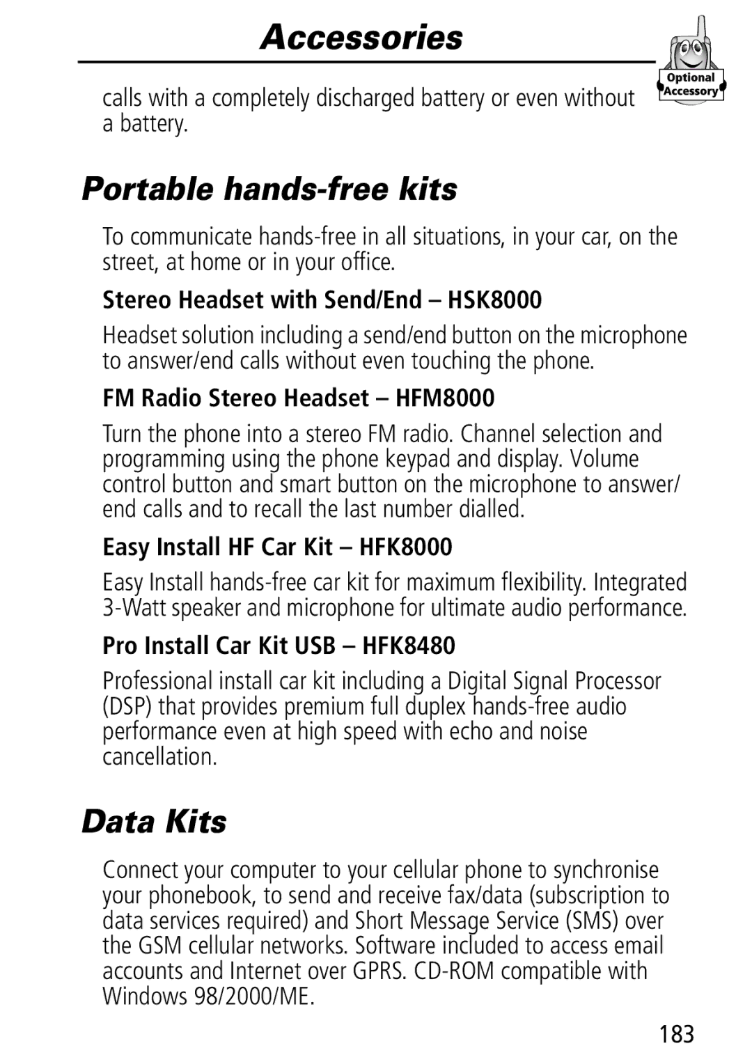 Motorola Moto Q manual Accessories, Portable hands-free kits, Data Kits 