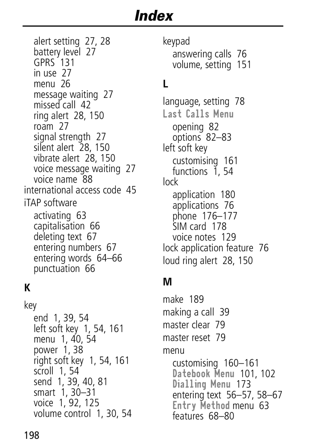 Motorola Moto Q manual Language, setting, Left soft key, Lock, 198 