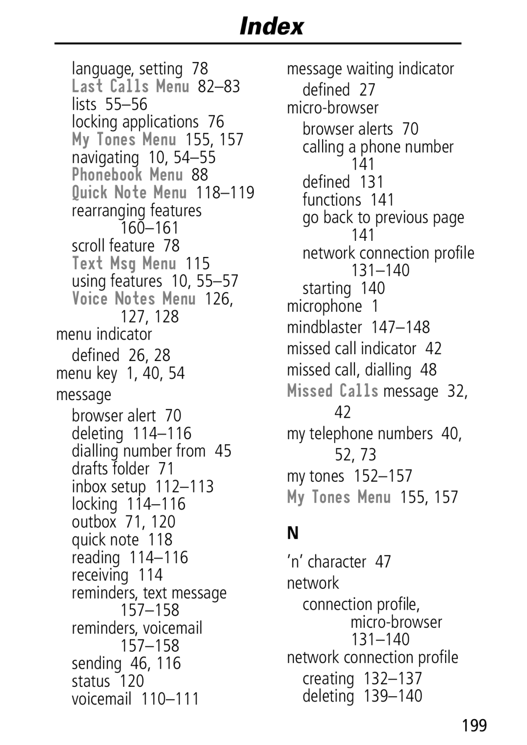 Motorola Moto Q Menu indicator, Message waiting indicator, My telephone numbers 40, 52 My tones, ’n’ character 47 network 