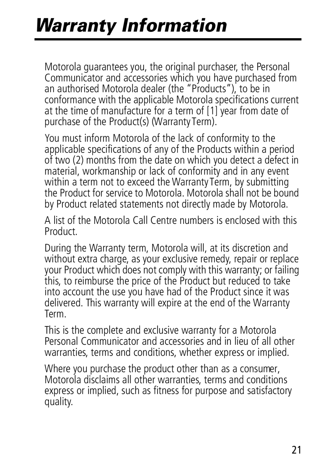 Motorola Moto Q manual Warranty Information 