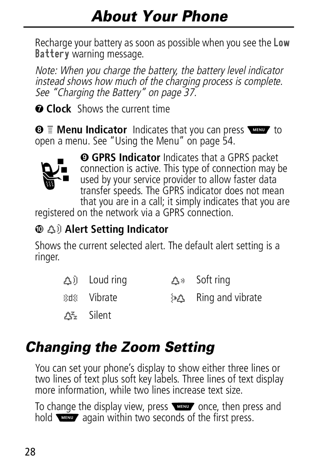 Motorola Moto Q manual Changing the Zoom Setting, ¡ Gprs Indicator Indicates that a Gprs packet 