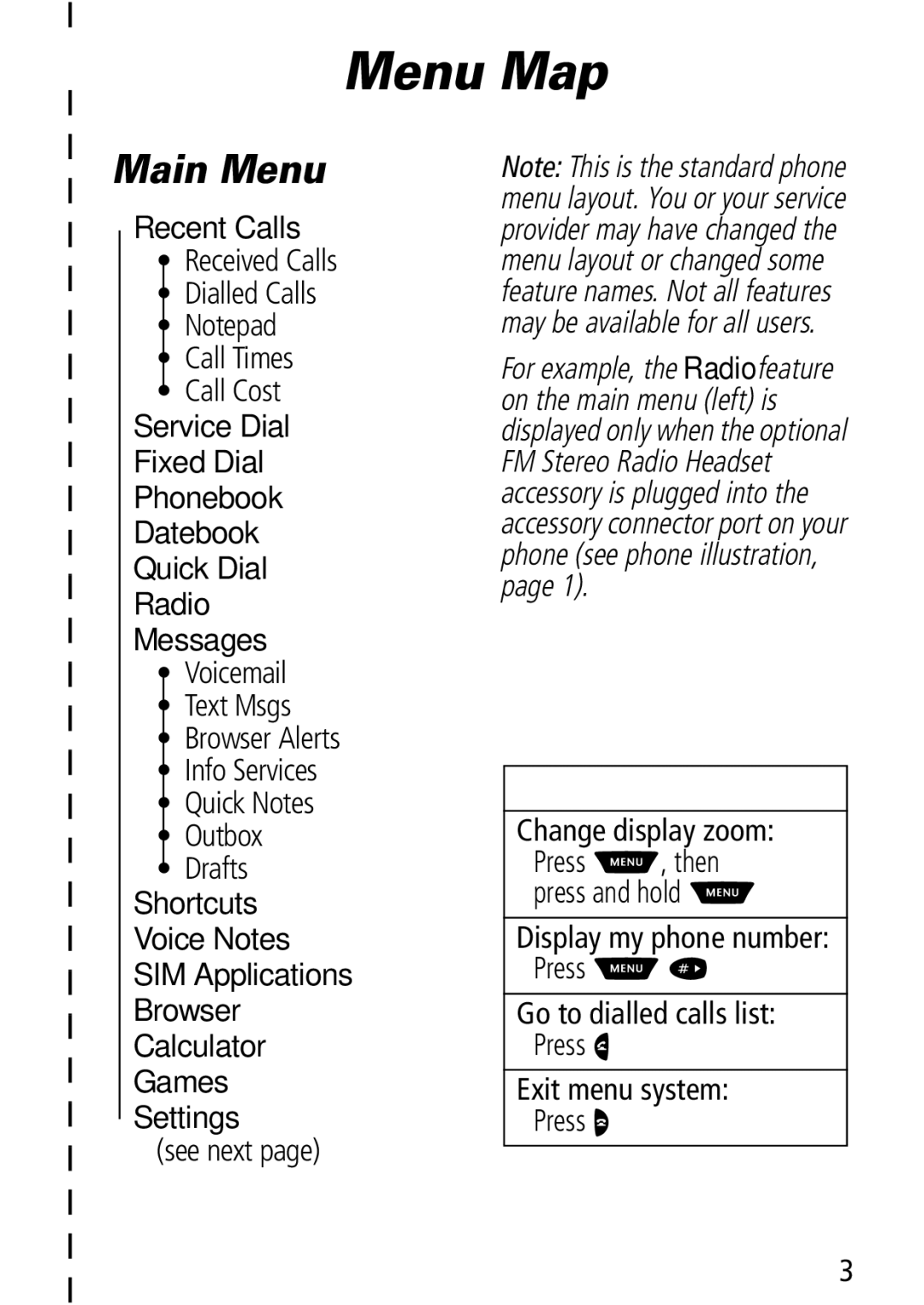 Motorola Moto Q manual Menu Map, Main Menu, Recent Calls, Received Calls Dialled Calls Call Times Call Cost, See next 