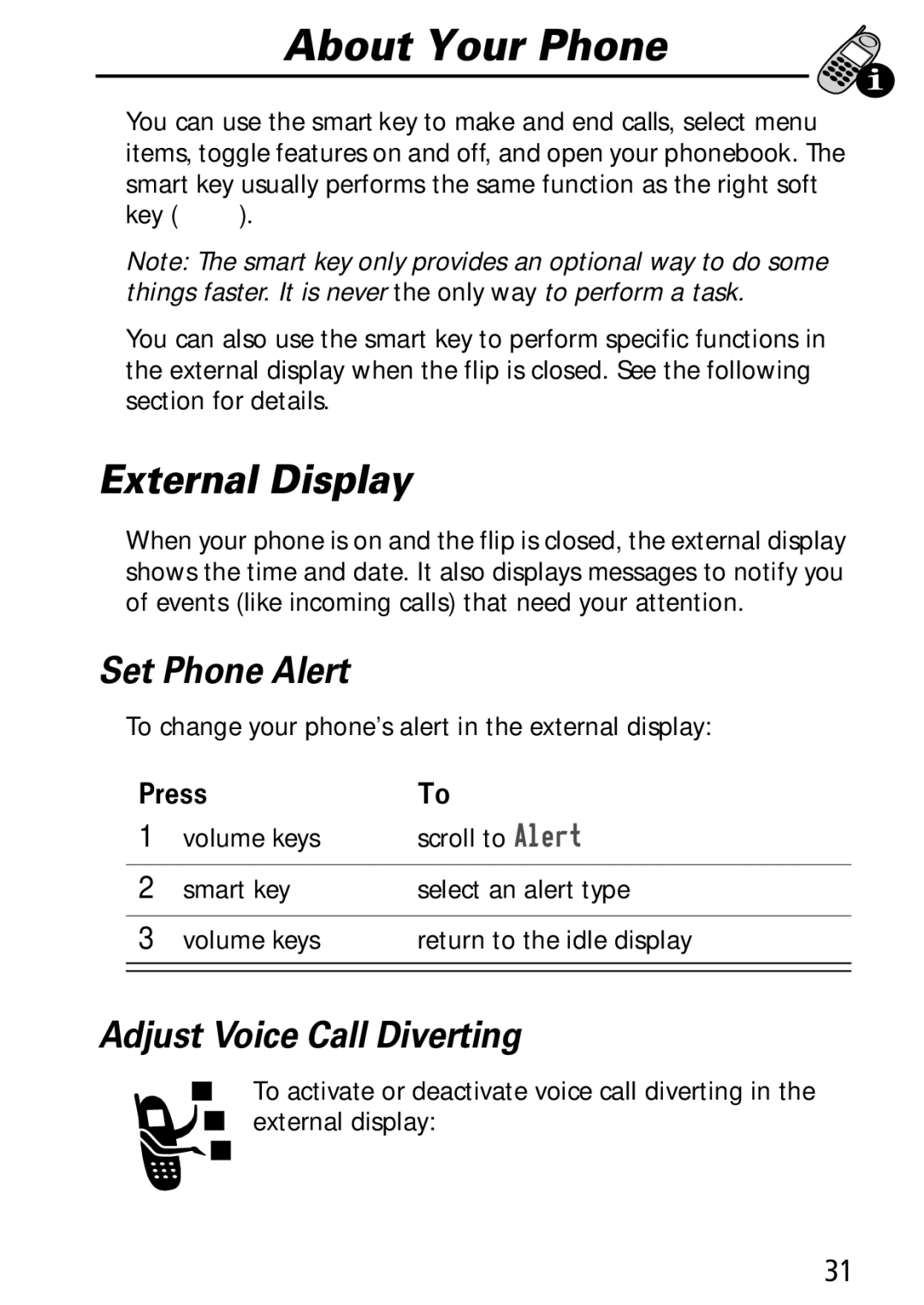 Motorola Moto Q manual External Display, Set Phone Alert, Adjust Voice Call Diverting 