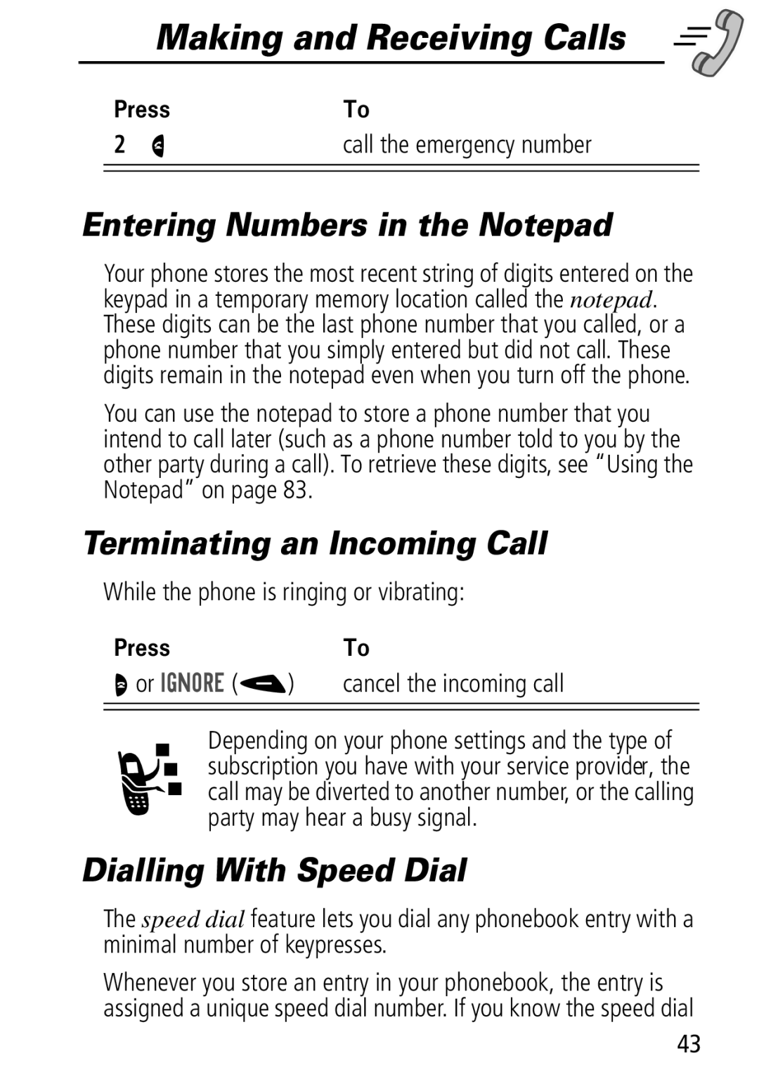 Motorola Moto Q manual Entering Numbers in the Notepad, Terminating an Incoming Call, Dialling With Speed Dial, Or ,*125 