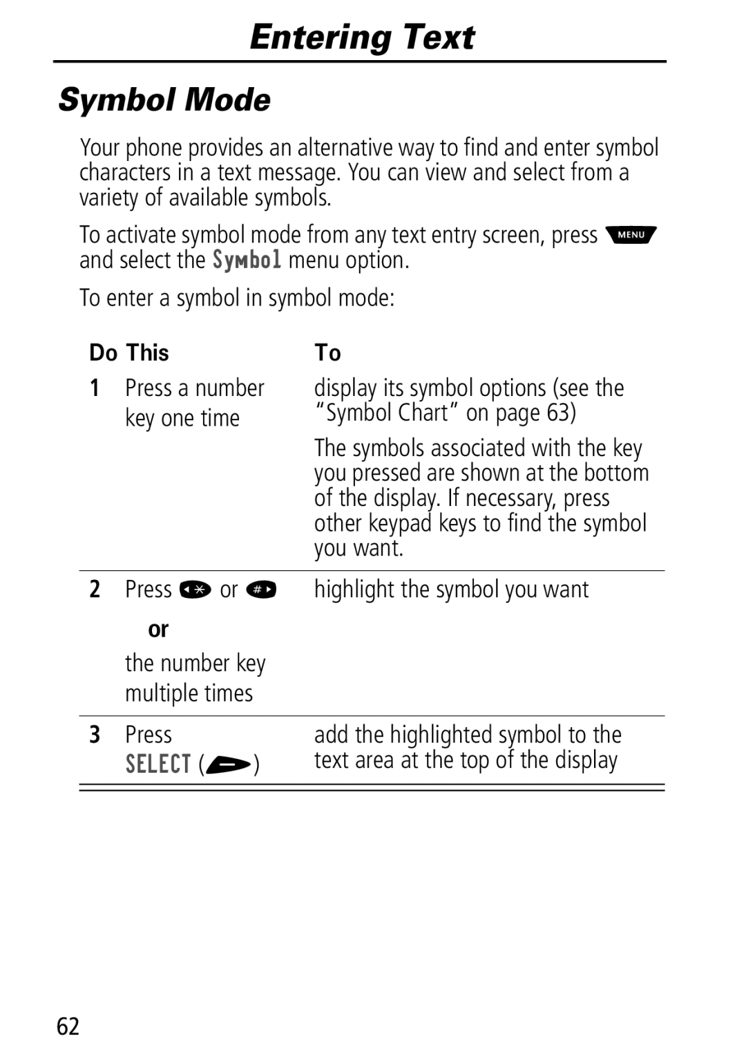 Motorola Moto Q manual Symbol Mode, Press *or # highlight the symbol you want 