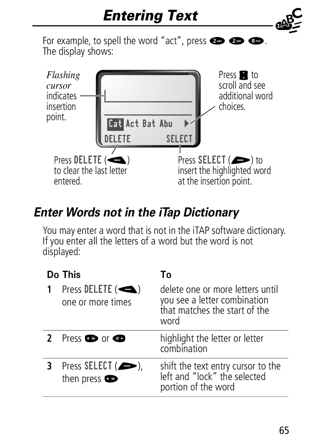 Motorola Moto Q manual Enter Words not in the iTap Dictionary, Press /7 to clear the last letter entered 