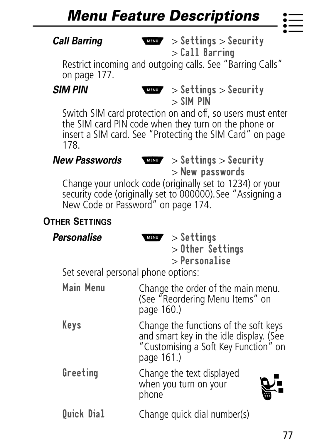 Motorola Moto Q manual 2WKHU6HWWLQJV, 3HUVRQDOLVH, 0DLQ0HQX, Uhhwlqj, 4XLFNLDO 