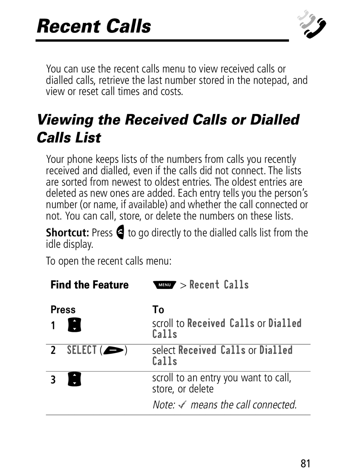 Motorola Moto Q manual Recent Calls, Viewing the Received Calls or Dialled Calls List, 5HFHQW&DOOV, Doov, Store, or delete 