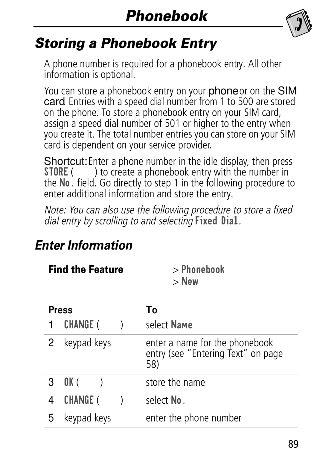 Motorola Moto Q manual Storing a Phonebook Entry, Enter Information, 3KRQHERRN 