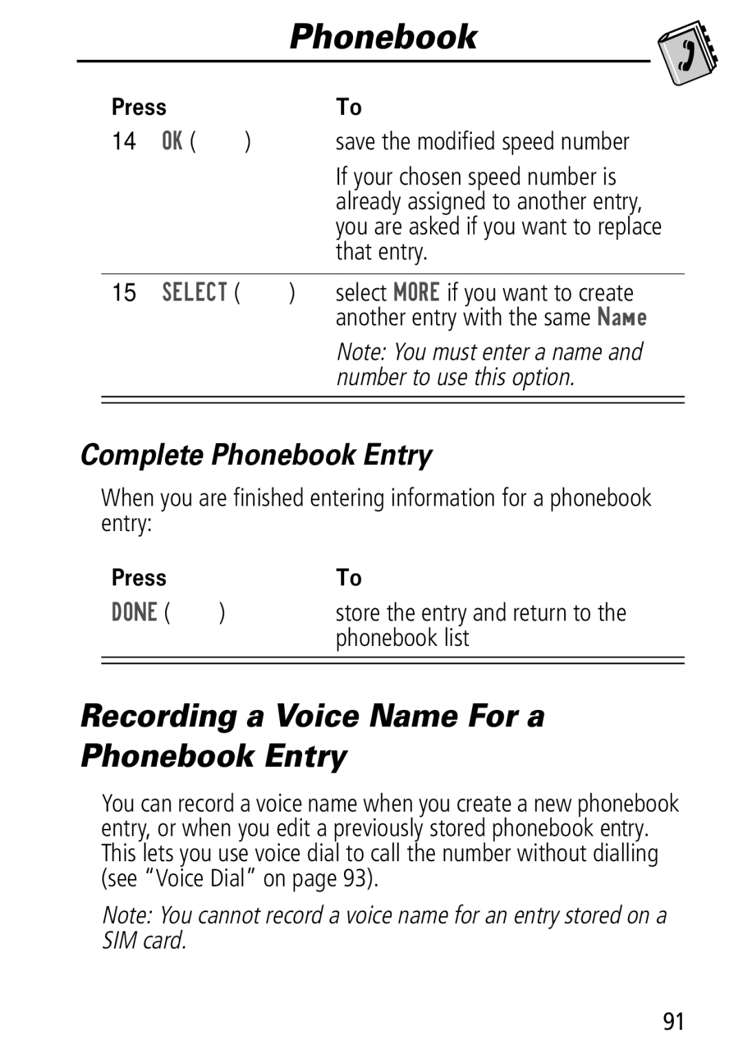 Motorola Moto Q manual Recording a Voice Name For a Phonebook Entry, Complete Phonebook Entry 